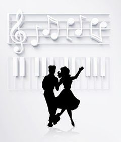 tanzendes Paar als Schattenriss, Klavier und Noten als Schattenaufriss