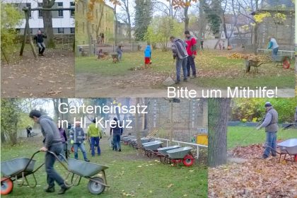 Collage mit verschiedenen Szenen, Menschen beim Harken und Helfen