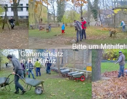 Collage mit verschiedenen Szenen, Menschen beim Harken und Helfen