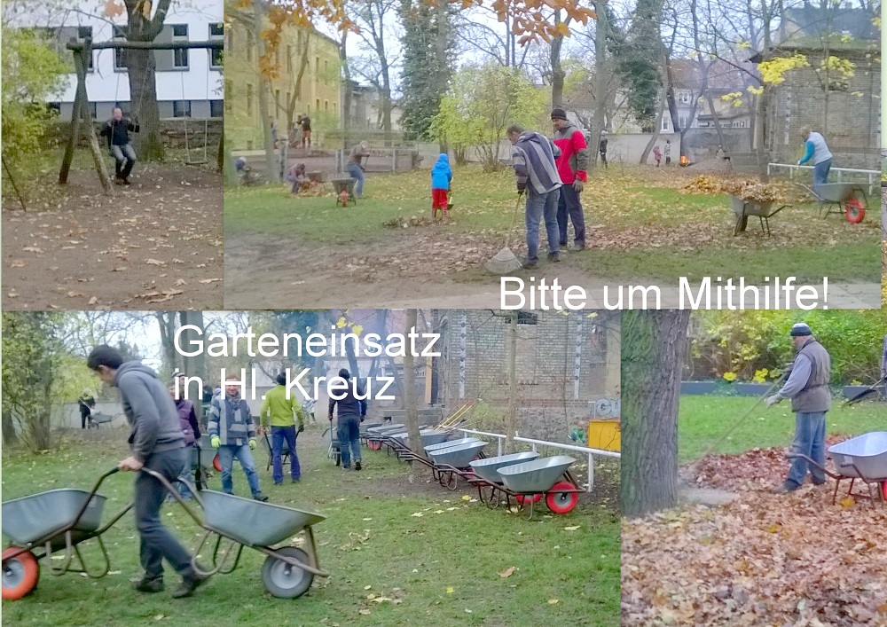 Collage mit verschiedenen Szenen, Menschen beim Harken und Helfen